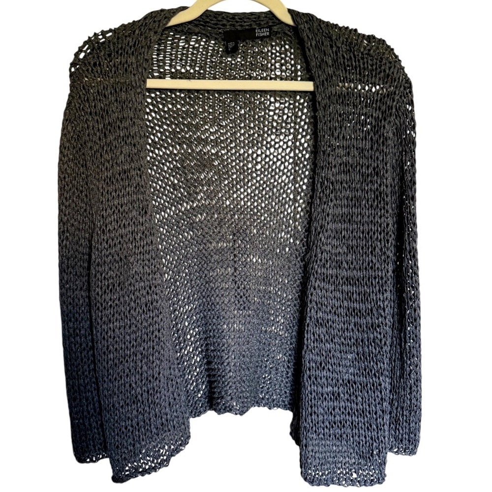 Eileen Fisher Gray Metalic‎ 3/4 Sleeves Open Front Cardigan Size Small